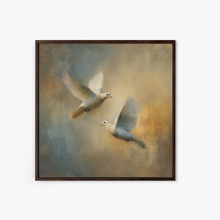 Doves Flying Through Soft Golden Light Canvas Print, Wedding Art, Wedding Painting, Living Room Decor, Fine Art, Romance, WED-1x1-59