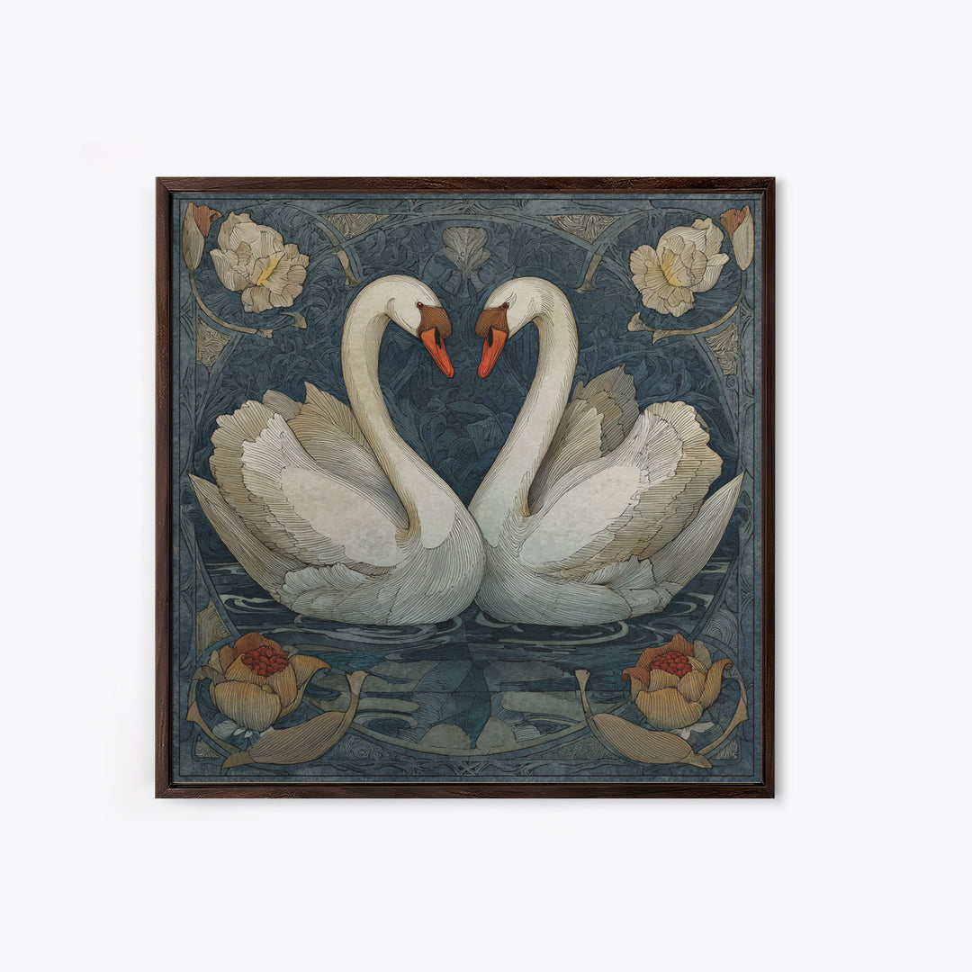 Two Swans Forming a Heart on Dark Framed Canvas Print, Wedding Art, Personalized Art, Living Room Decor, Fine Art, Romance, WED-1x1-74