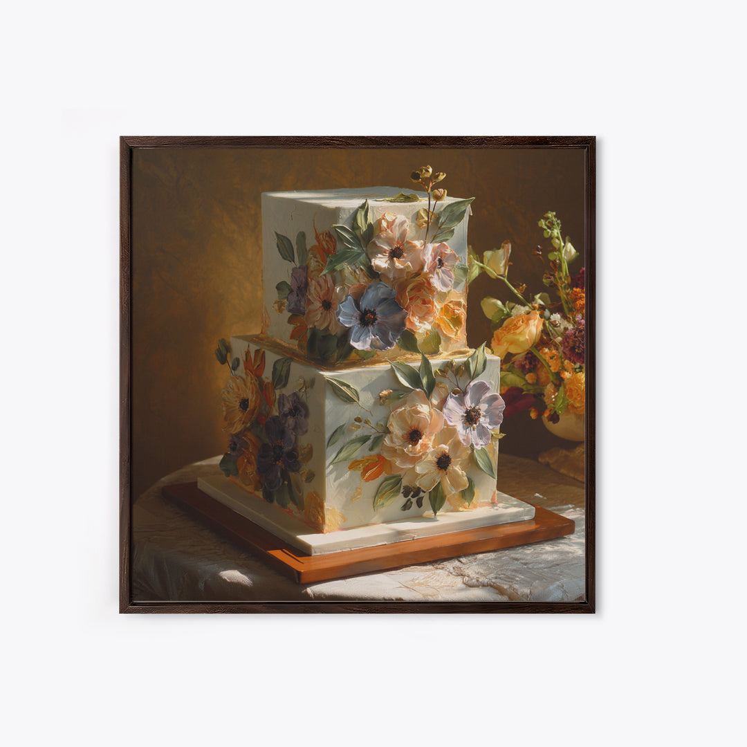 Wedding Cake with Flowers in Painterly Style Canvas Print, Wedding Art, Wedding Poster, Living Room Decor, Oil Painting, WED-1x1-86