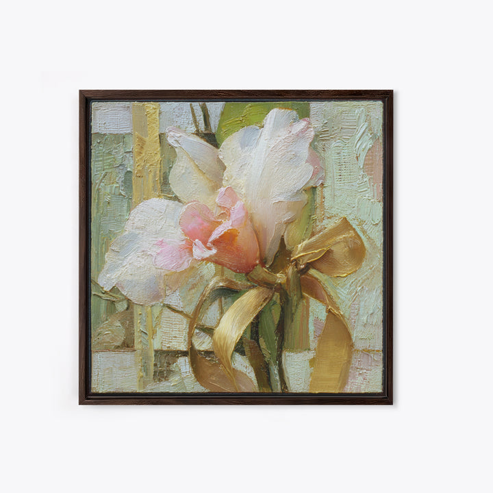 White Orchid and Gold Ribbon Composition Framed Canvas Print, Wedding Art, Wedding Gift, Living Room Decor, Fine Art, Romance, WED-1x1-96