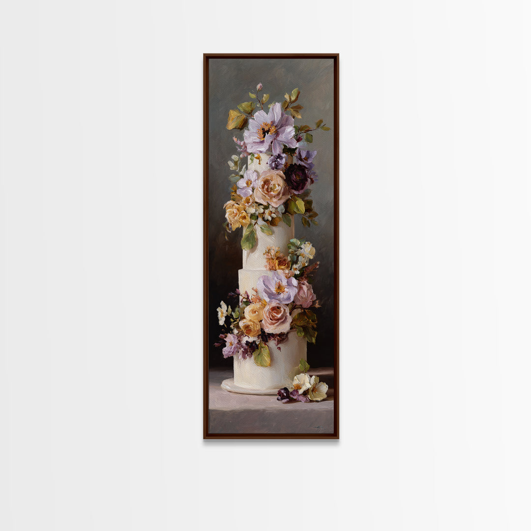 Wedding Cake with Flowers in Painterly Style Canvas Print, Wedding Art, Rustic Wedding, Living Room Decor, Watercolor Art, WED-1x3-2