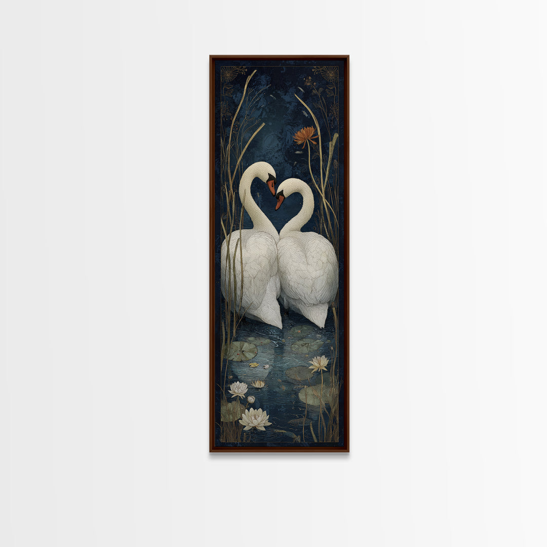 Two Swans Forming a Heart on Dark Framed Canvas Print, Wedding Art, Wedding Painting, Living Room Decor, Fine Art, Romance, WED-1x3-62