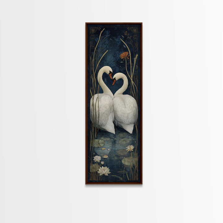 Two Swans Forming a Heart on Dark Framed Canvas Print, Wedding Art, Wedding Painting, Living Room Decor, Fine Art, Romance, WED-1x3-62