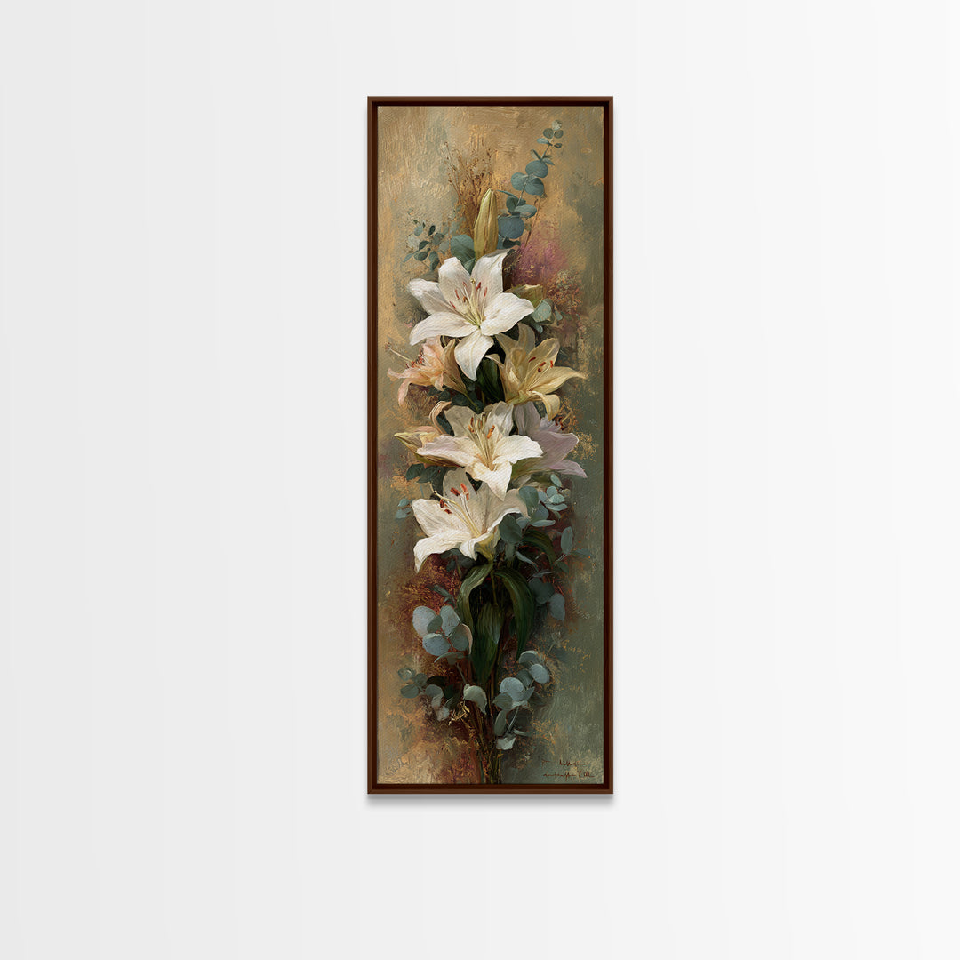 White Lilies and Eucalyptus Arrangement Framed Canvas Print, Wedding Art, Wedding Stationery, Living Room Decor, Oil Painting, WED-1x3-69