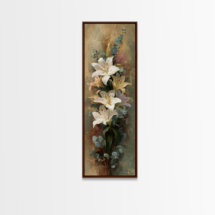 White Lilies and Eucalyptus Arrangement Framed Canvas Print, Wedding Art, Wedding Stationery, Living Room Decor, Oil Painting, WED-1x3-69