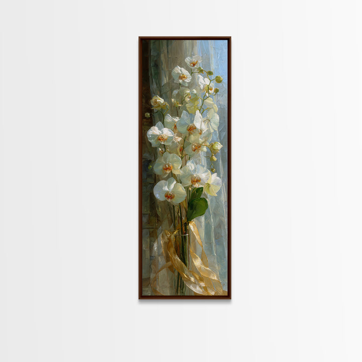 White Orchid and Gold Ribbon Composition Framed Canvas Print, Wedding Art, Art, Living Room Decor, Fine Art, Romance, WED-1x3-84