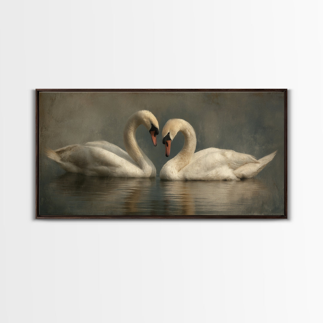 Two Swans Forming a Heart on Dark Canvas Print, Wedding Art, Gallery Decor, Living Room Decor, Fine Art, Romance, WED-2x1-22