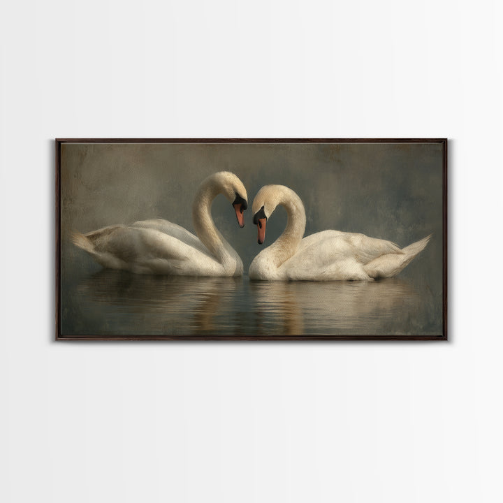 Two Swans Forming a Heart on Dark Canvas Print, Wedding Art, Gallery Decor, Living Room Decor, Fine Art, Romance, WED-2x1-22