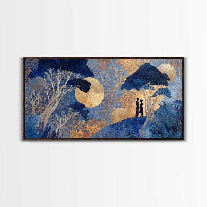 Couple Silhouette Beneath Moonlit Trees Framed Canvas Print, Wedding Art, Luxury Decor, Living Room Decor, Fine Art, Romance, WED-2x1-25