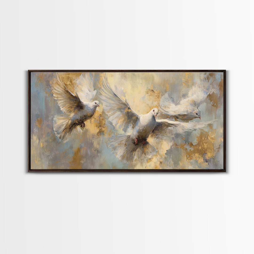 Doves Flying Through Soft Golden Light Canvas Print, Wedding Art, Art Print, Living Room Decor, Romance, Downloadable Art, WED-2x1-31