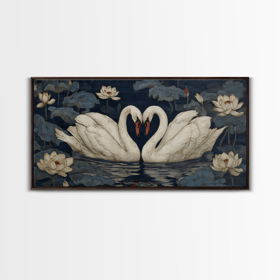 Two Swans Forming a Heart on Dark Framed Canvas Print, Wedding Art, Boho Decor, Living Room Decor, Fine Art, Romance, WED-2x1-46
