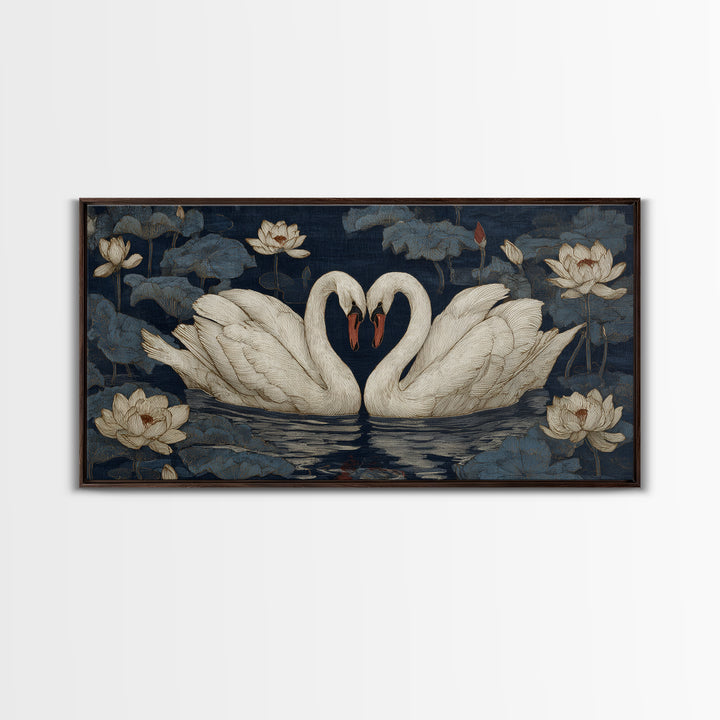 Two Swans Forming a Heart on Dark Framed Canvas Print, Wedding Art, Boho Decor, Living Room Decor, Fine Art, Romance, WED-2x1-46