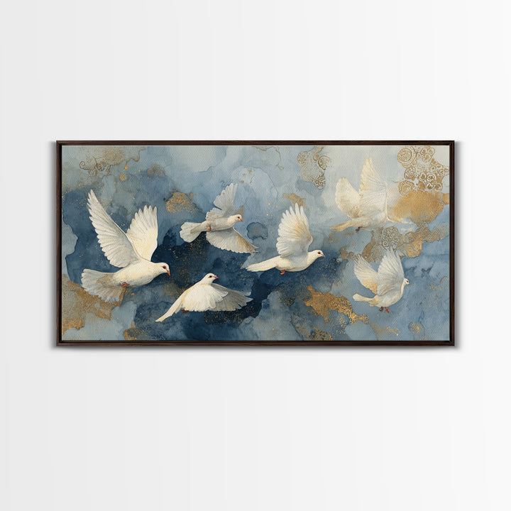 Doves Flying Through Soft Golden Light Framed Canvas Print, Wedding Art, Custom Painting, Living Room Decor, Fine Art, Romance, WED-2x1-55