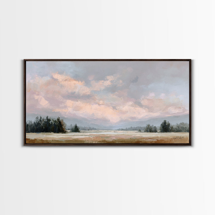 Blush Cloudscape with Dreamy Atmosphere Framed Canvas Print, Wedding Art, Downloadable Art, Living Room Decor, Watercolor Art, WED-2x1-59