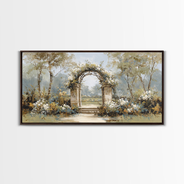 Romantic Garden Arch Covered Framed Canvas Print, Wedding Art, Neutral Decor, Living Room Decor, Oil Painting, Romance, WED-2x1-6