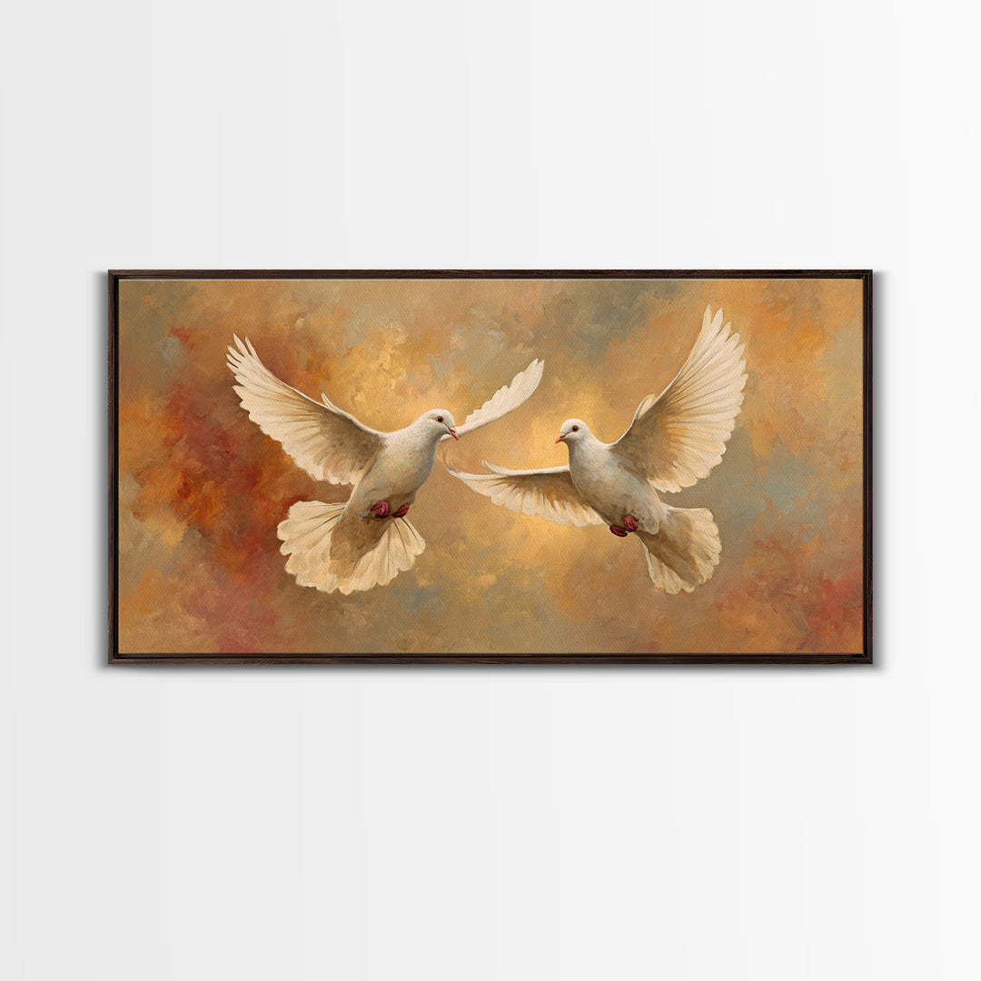 Doves Flying Through Soft Golden Light Framed Canvas Print, Wedding Art, Contemporary Art, Living Room Decor, Fine Art, Romance, WED-2x1-7