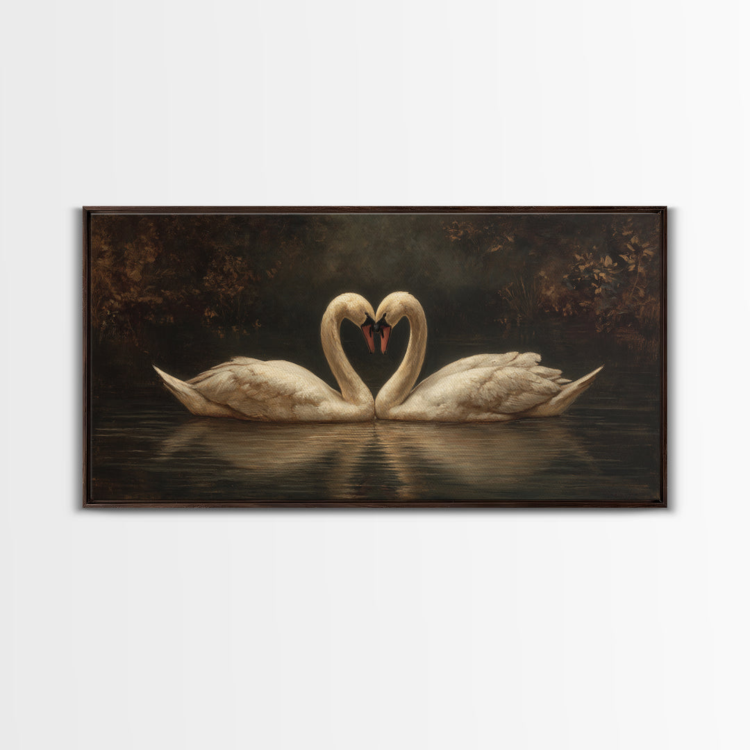 Two Swans Forming a Heart on Dark Canvas Print, Wedding Art, Minimalist Decor, Living Room Decor, Romance, Custom Painting, WED-2x1-70