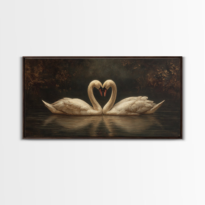 Two Swans Forming a Heart on Dark Canvas Print, Wedding Art, Minimalist Decor, Living Room Decor, Romance, Custom Painting, WED-2x1-70