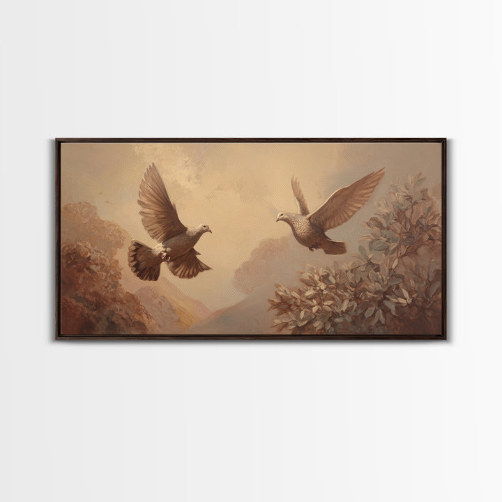 Doves Flying Through Soft Golden Light Framed Canvas Print, Wedding Art, Beach Wedding, Living Room Decor, Fine Art, Romance, WED-2x1-79