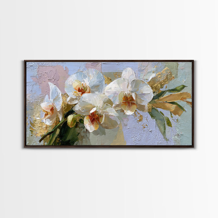 White Orchid and Gold Ribbon Composition Framed Canvas Print, Wedding Art, Custom Wedding Gift, Living Room Decor, Oil Painting, WED-2x1-92