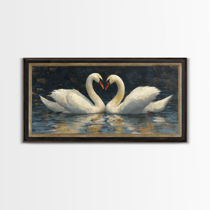 Two Swans Forming a Heart on Dark Canvas Print, Wedding Art, Minimalist Decor, Living Room Decor, Romance, Custom Painting, WED-2x1-94