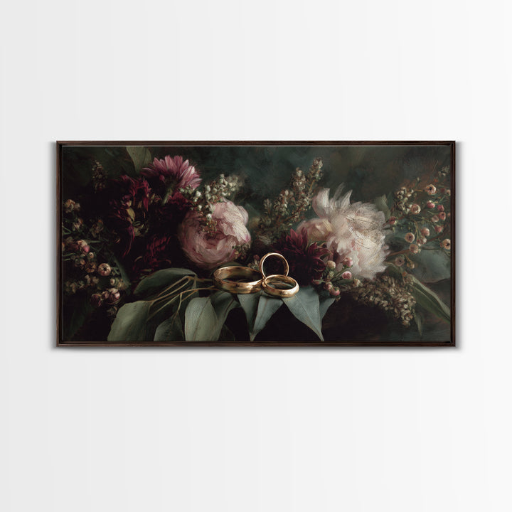 Gold Rings Resting on Velvet and Flowers Framed Canvas Print, Wedding Art, Personalized Art, Living Room Decor, Oil Painting, WED-2x1-95