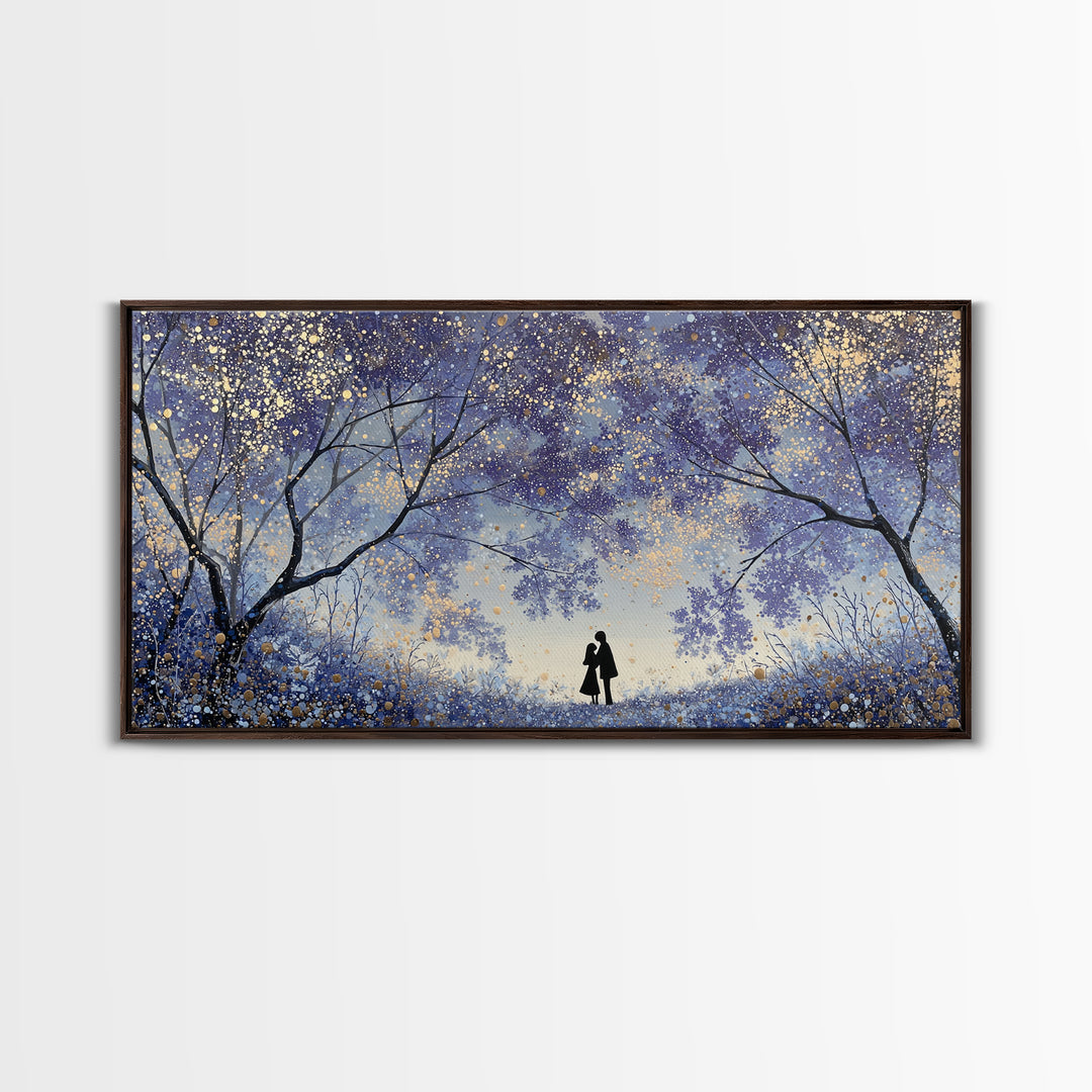 Couple Silhouette Beneath Moonlit Trees Framed Canvas Print, Wedding Art, Wedding Guest Book, Living Room Decor, Romance, WED-2x1-97