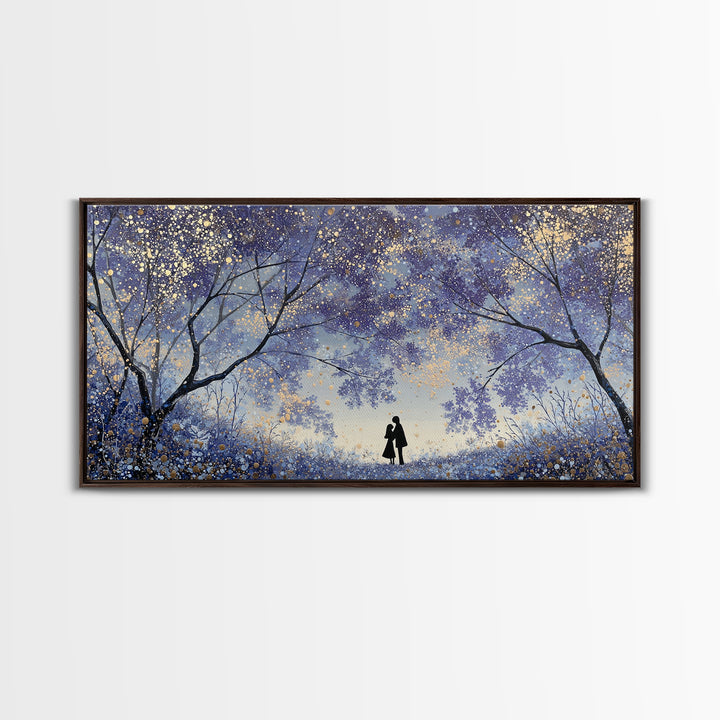 Couple Silhouette Beneath Moonlit Trees Framed Canvas Print, Wedding Art, Wedding Guest Book, Living Room Decor, Romance, WED-2x1-97
