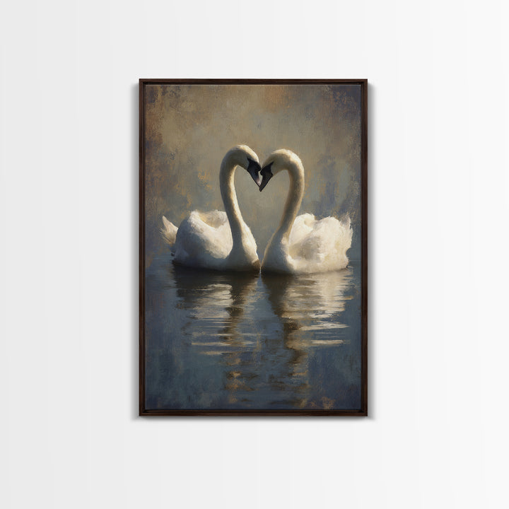 Two Swans Forming a Heart on Dark Canvas Print, Wedding Art, Wall Decor, Living Room Decor, Fine Art, Romance, Wedding Gift, WED-2x3-10
