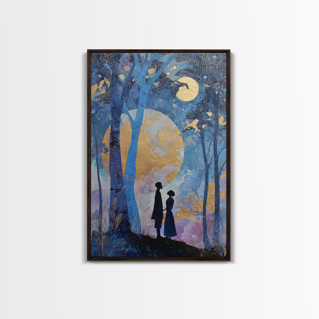 Couple Silhouette Beneath Moonlit Trees Framed Canvas Print, Wedding Art, Room Decor, Living Room Decor, Fine Art, Romance, WED-2x3-13