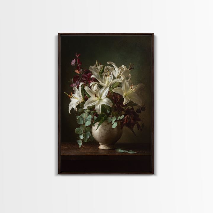 White Lilies and Eucalyptus Arrangement Framed Canvas Print, Wedding Art, Living Room Decor, Abstract Art, Romance, WED-2x3-17