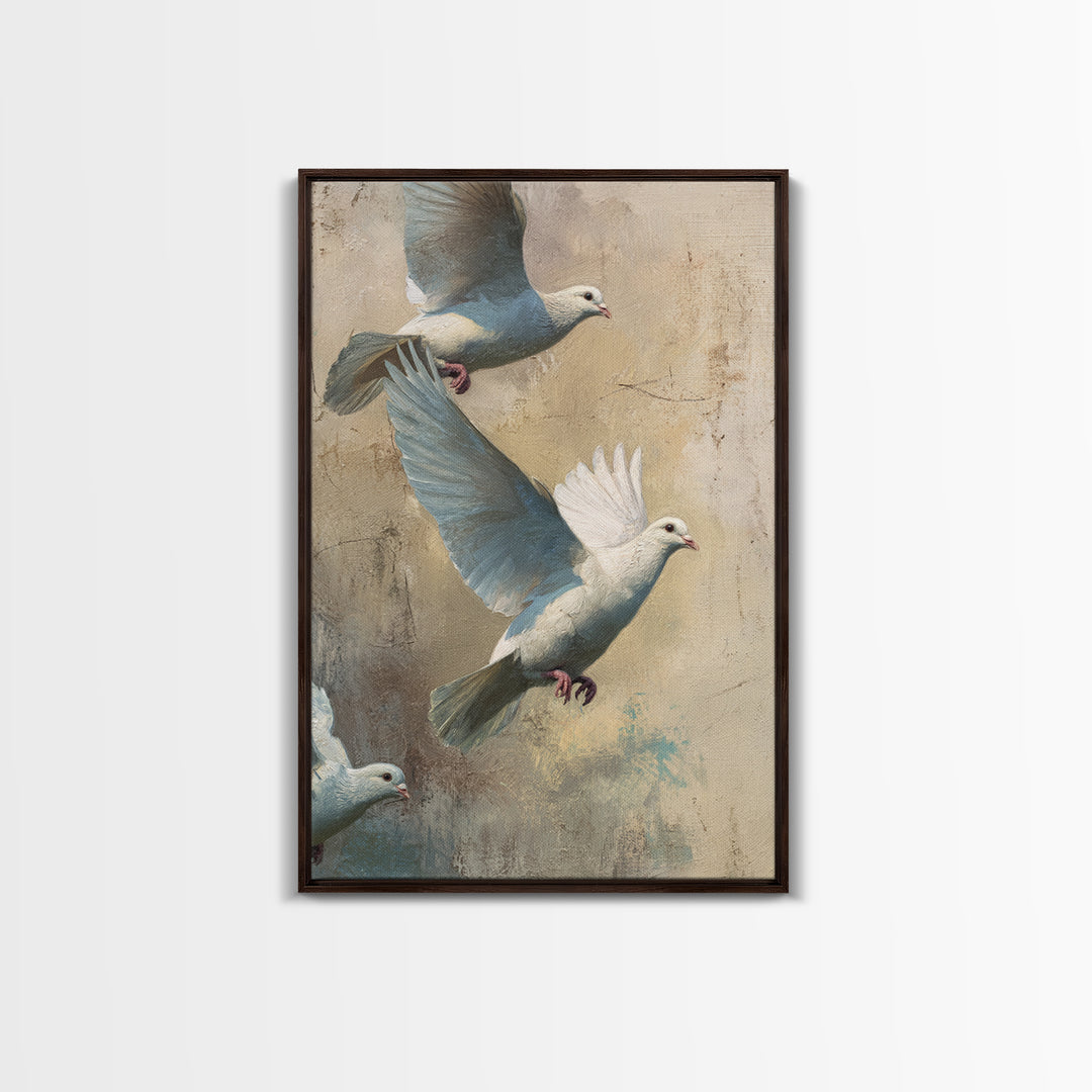 Doves Flying Through Soft Golden Light Framed Canvas Print, Wedding Art, Bride and Groom, Living Room Decor, Fine Art, Romance, WED-2x3-19