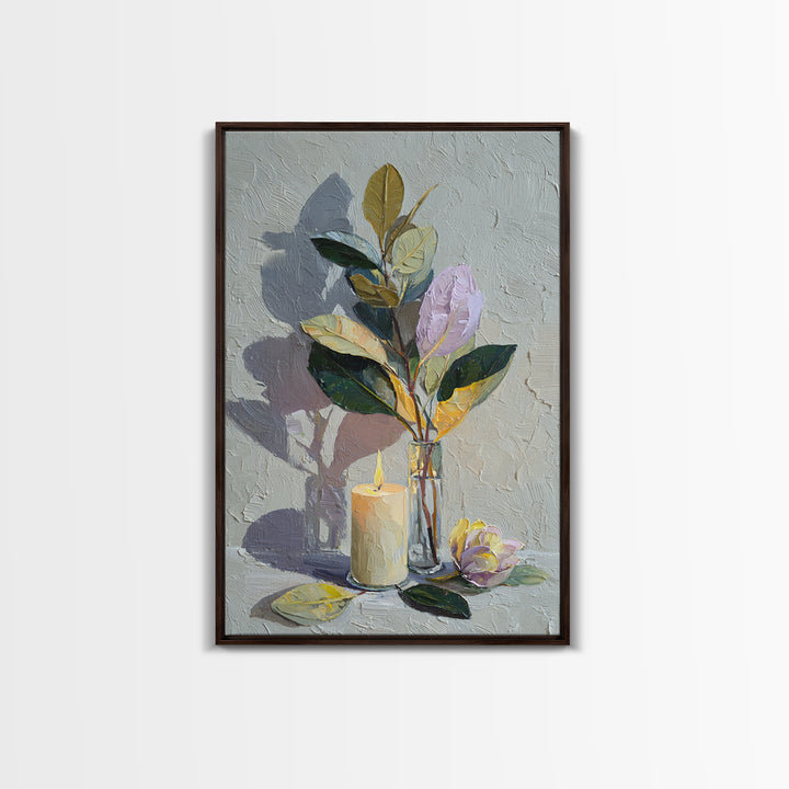 Romantic Candle and Floral Still Life Framed Canvas Print, Wedding Art, Gallery Decor, Living Room Decor, Oil Painting, Romance, WED-2x3-30