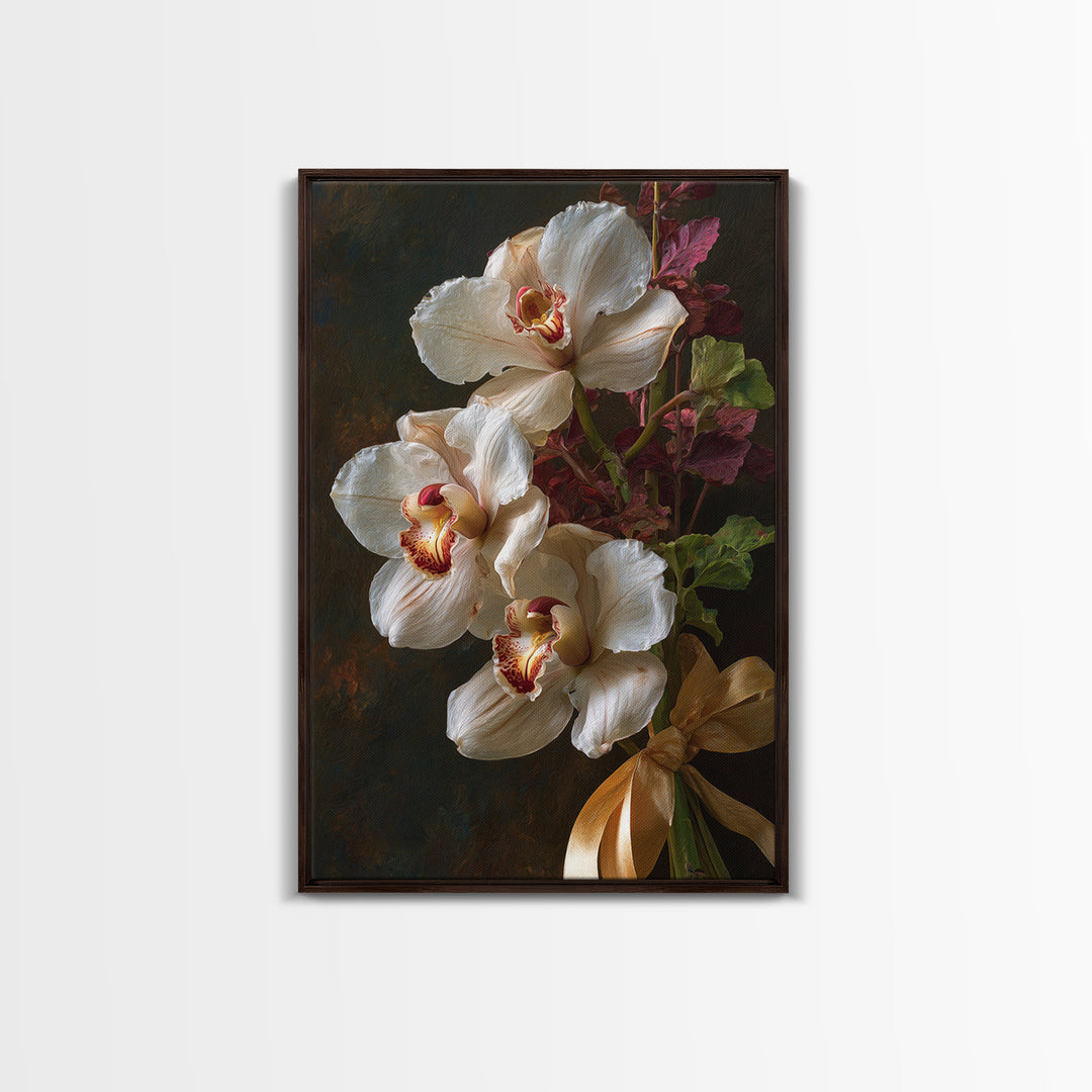 White Orchid and Gold Ribbon Composition Canvas Print, Wedding Art, Downloadable Art, Living Room Decor, Fine Art, Romance, WED-2x3-32