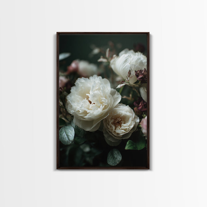 Romantic Bouquet of White Roses and Peonies Framed Canvas Print, Wedding Art, Art, Living Room Decor, Watercolor Art, Romance, WED-2x3-33