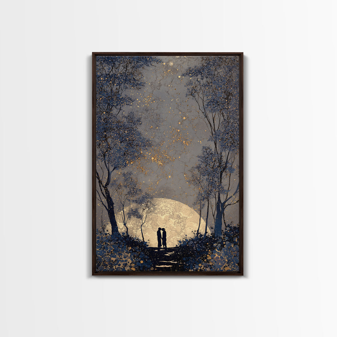 Couple Silhouette Beneath Moonlit Trees Framed Canvas Print, Wedding Art, Room Decor, Living Room Decor, Fine Art, Romance, WED-2x3-37