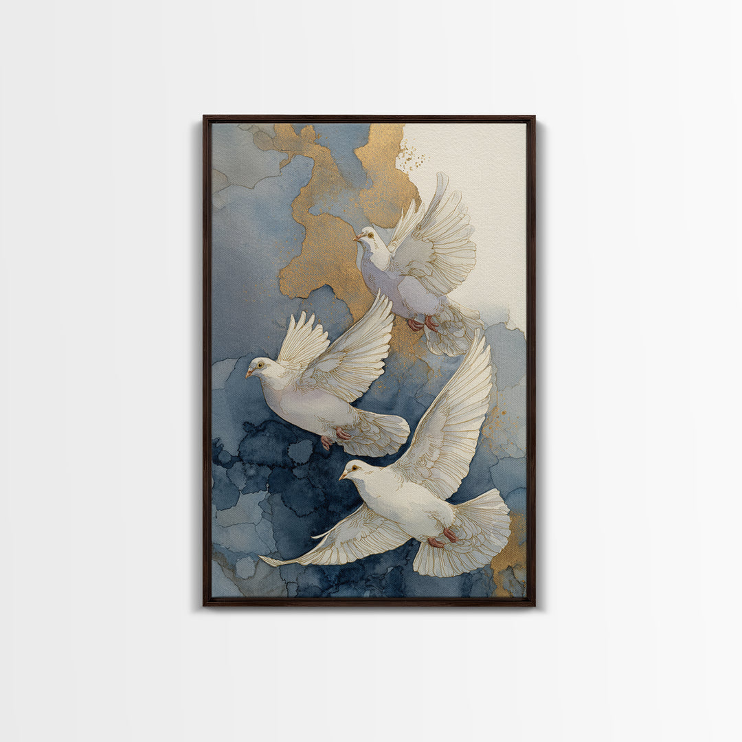 Doves Flying Through Soft Golden Light Framed Canvas Print, Wedding Art, Wall Decor, Living Room Decor, Fine Art, Romance, WED-2x3-43