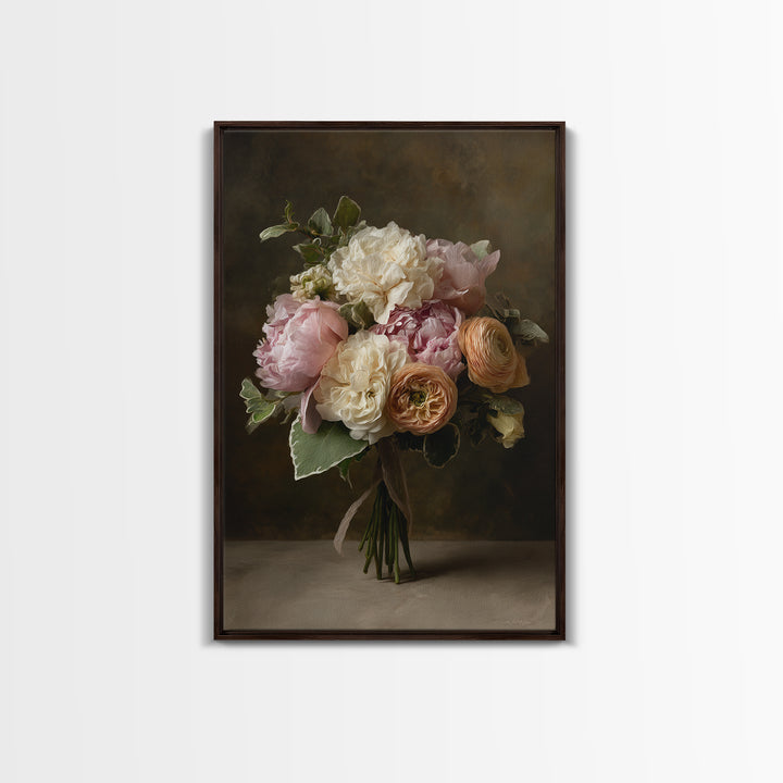 Peony and Ranunculus Bouquet Framed Canvas Print, Wedding Art, Personalized Wedding, Living Room Decor, Fine Art, Romance, WED-2x3-52