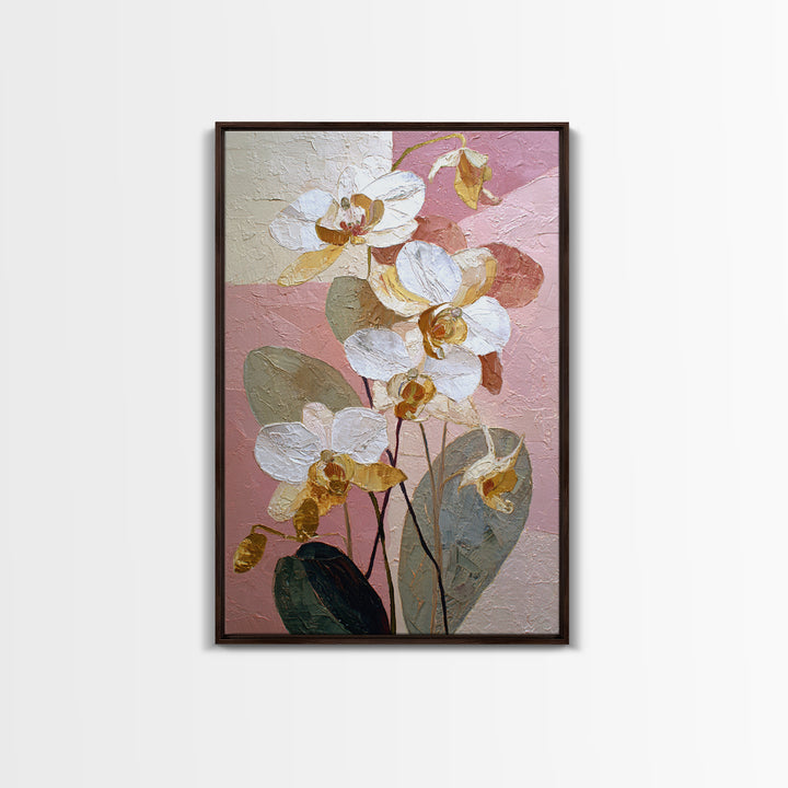 White Orchid and Gold Ribbon Composition Framed Canvas Print, Wedding Art, Wedding Reception, Living Room Decor, Abstract Art, WED-2x3-56