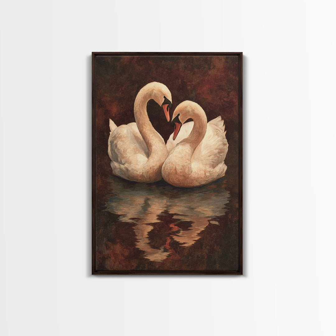 Two Swans Forming a Heart on Dark Canvas Print, Wedding Art, Contemporary Art, Living Room Decor, Fine Art, Romance, Custom Art, WED-2x3-58