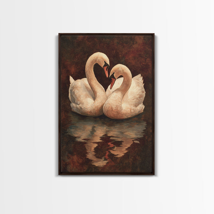 Two Swans Forming a Heart on Dark Canvas Print, Wedding Art, Contemporary Art, Living Room Decor, Fine Art, Romance, Custom Art, WED-2x3-58