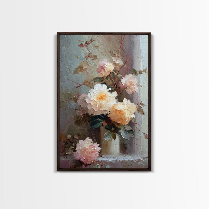 Romantic Candle and Floral Still Life Framed Canvas Print, Wedding Art, Gallery Decor, Living Room Decor, Oil Painting, Romance, WED-2x3-6