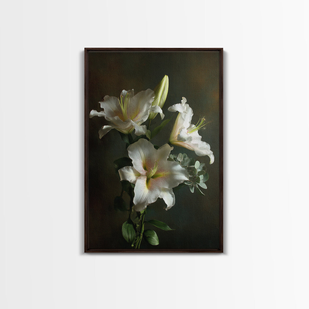 White Lilies and Eucalyptus Arrangement Canvas Print, Wedding Art, Wedding Gift, Living Room Decor, Fine Art, Romance, WED-2x3-65