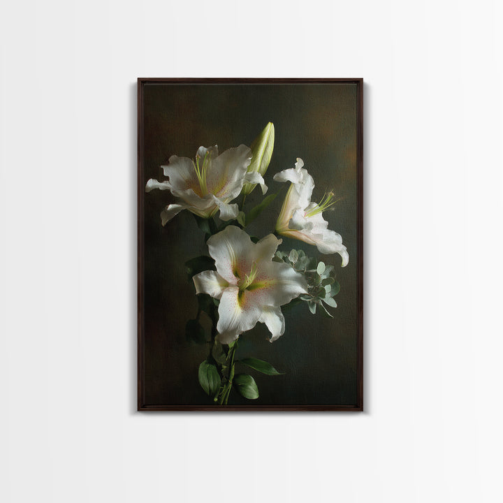 White Lilies and Eucalyptus Arrangement Canvas Print, Wedding Art, Wedding Gift, Living Room Decor, Fine Art, Romance, WED-2x3-65