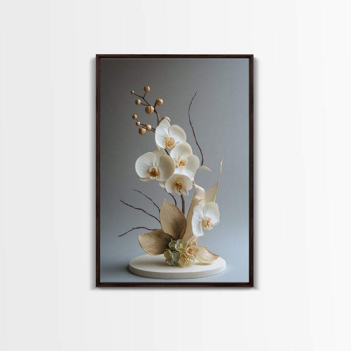 White Orchid and Gold Ribbon Composition Framed Canvas Print, Wedding Art, Custom Art, Living Room Decor, Oil Painting, Romance, WED-2x3-8