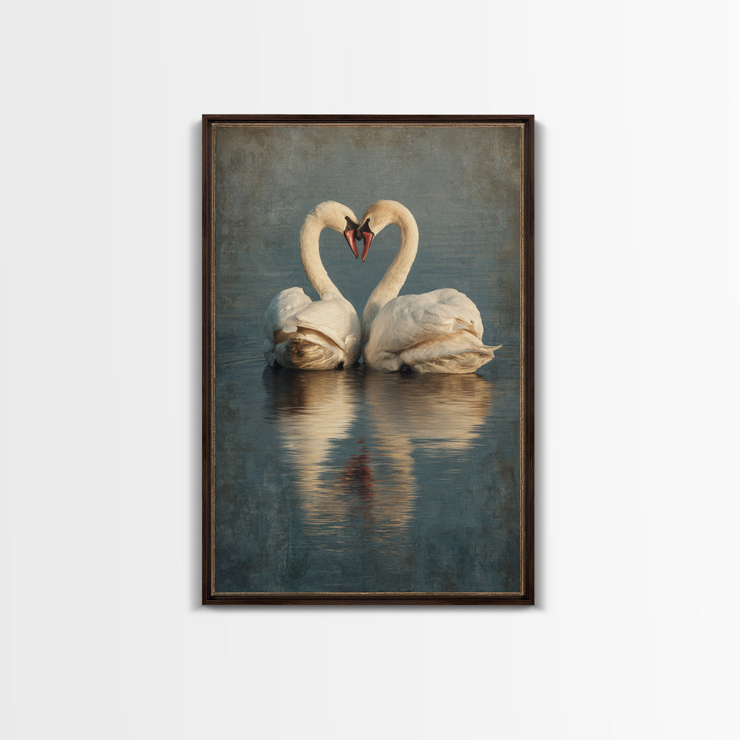 Two Swans Forming a Heart on Dark Canvas Print, Wedding Art, Contemporary Art, Living Room Decor, Fine Art, Romance, Custom Art, WED-2x3-82