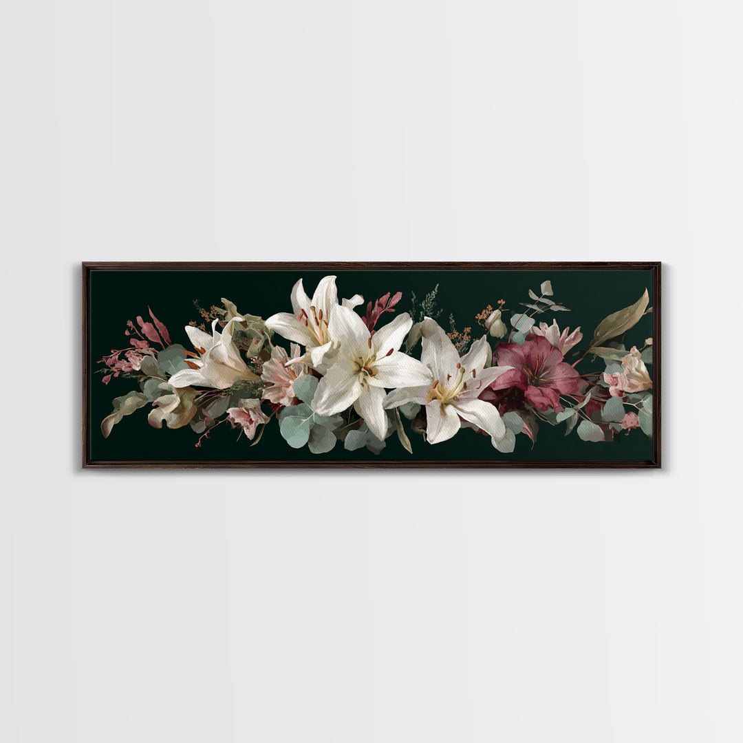White Lilies and Eucalyptus Arrangement Framed Canvas Print, Wedding Art, Wedding Sign, Living Room Decor, Fine Art, Romance, WED-3x1-1