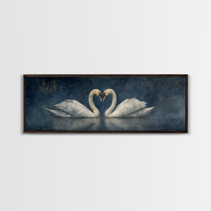 Two Swans Forming a Heart on Dark Framed Canvas Print, Wedding Art, Custom Portrait, Living Room Decor, Fine Art, Romance, WED-3x1-18