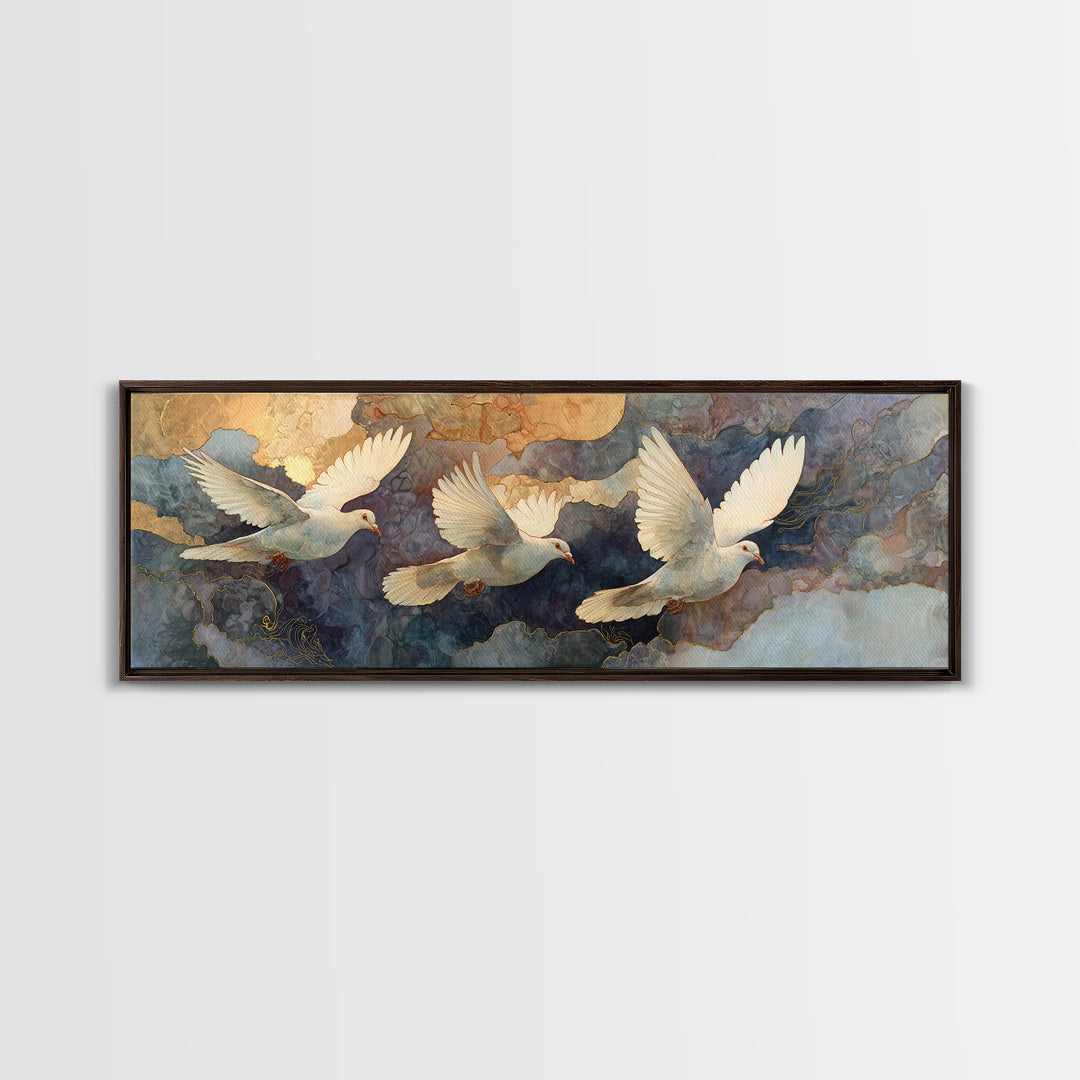 Doves Flying Through Soft Golden Light Framed Canvas Print, Wedding Art, Neutral Decor, Living Room Decor, Fine Art, Romance, WED-3x1-27