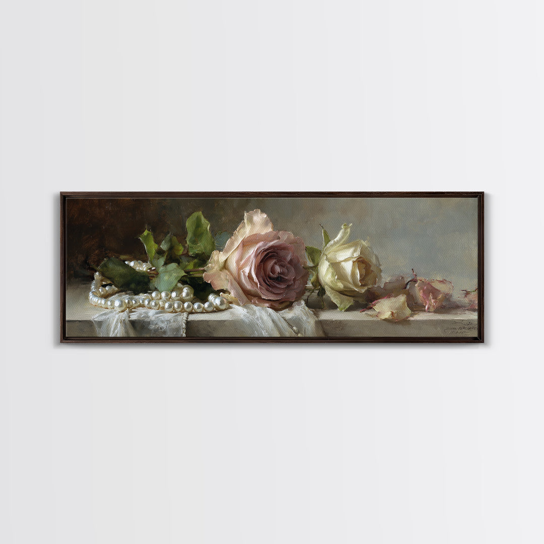 Pearl Necklace and Rose Still Life Framed Canvas Print, Wedding Art, Wedding Painting, Living Room Decor, Oil Painting, Romance, WED-3x1-28